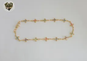 (1-0129-1) Gold Laminate - 7.5mm Multicolor Cross Anklet - 10” - BGF