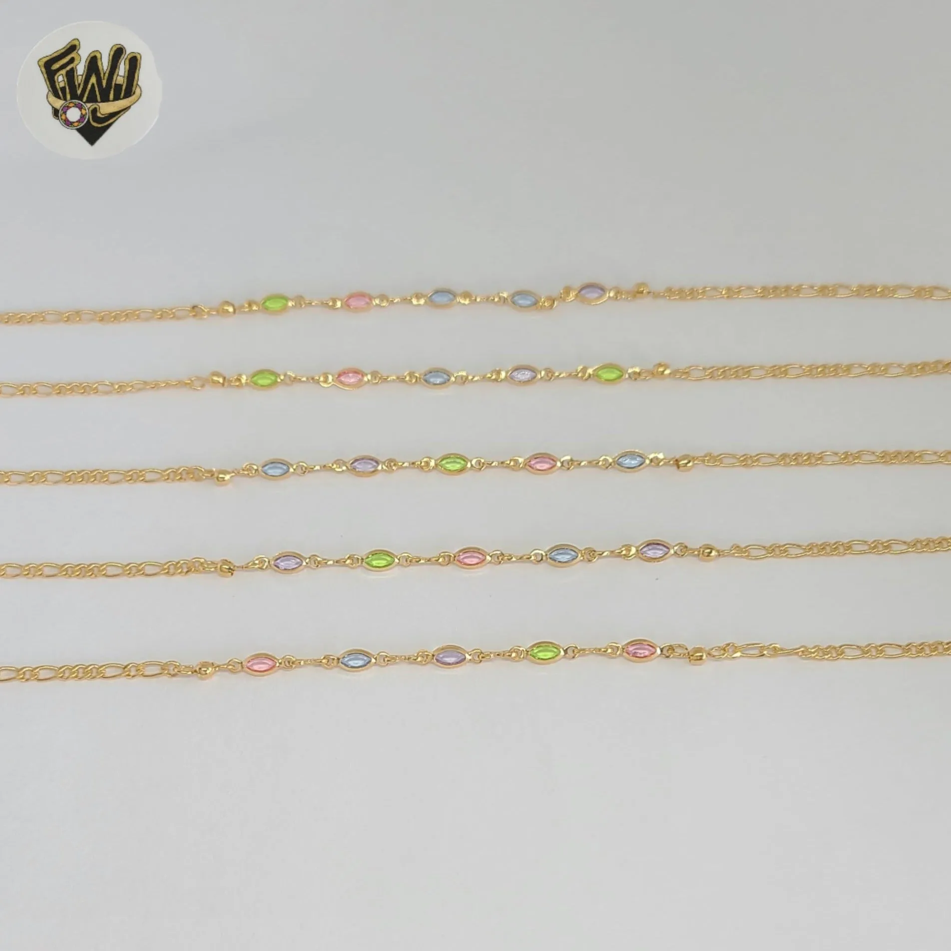 (1-0644-1) Gold Laminate - 2.5mm Link Multicolor Ovals Bracelet - 7.5 - BGF