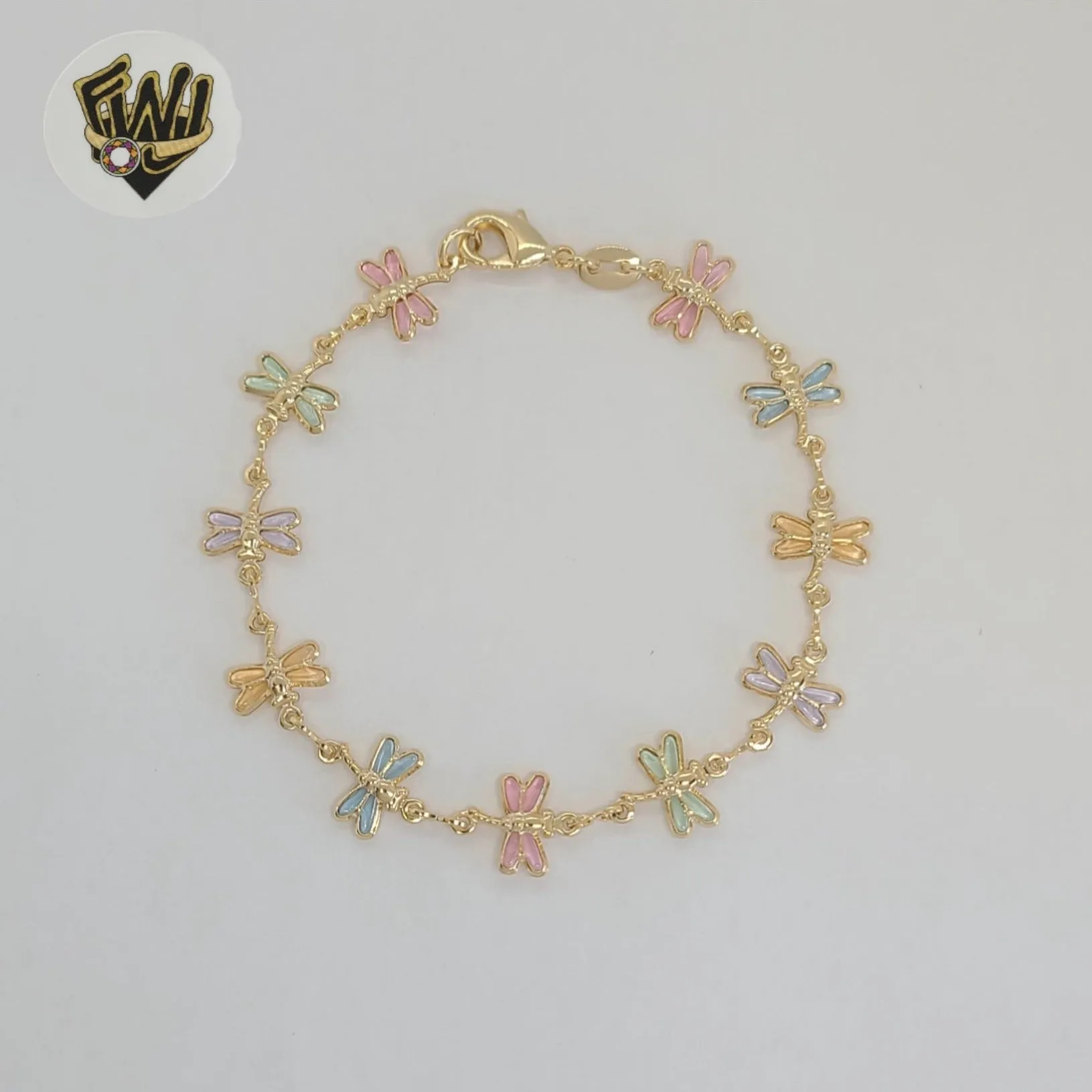 (1-0653) Gold Laminate - 10mm Multicolor DragonFly Link Bracelet - BGF