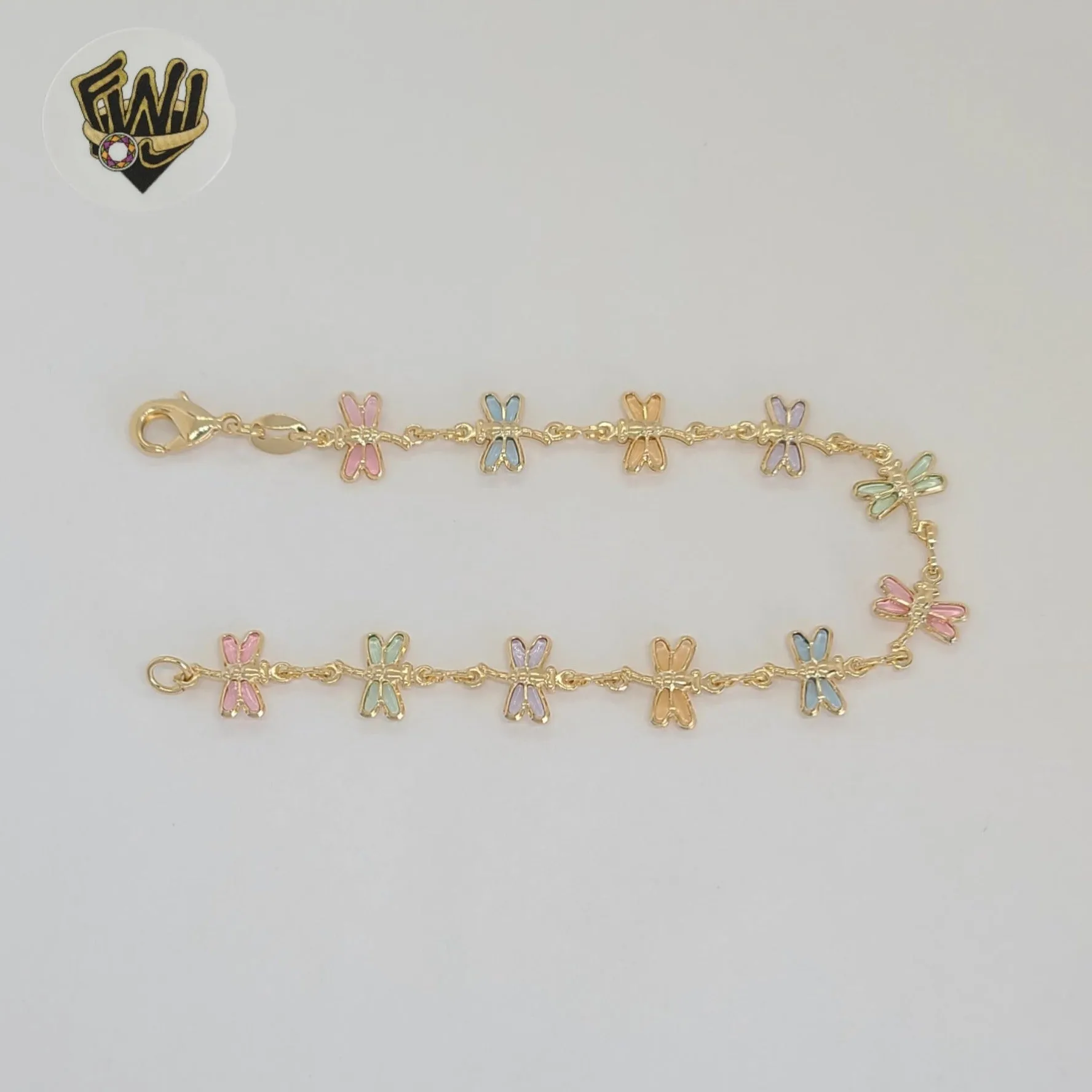 (1-0653) Gold Laminate - 10mm Multicolor DragonFly Link Bracelet - BGF