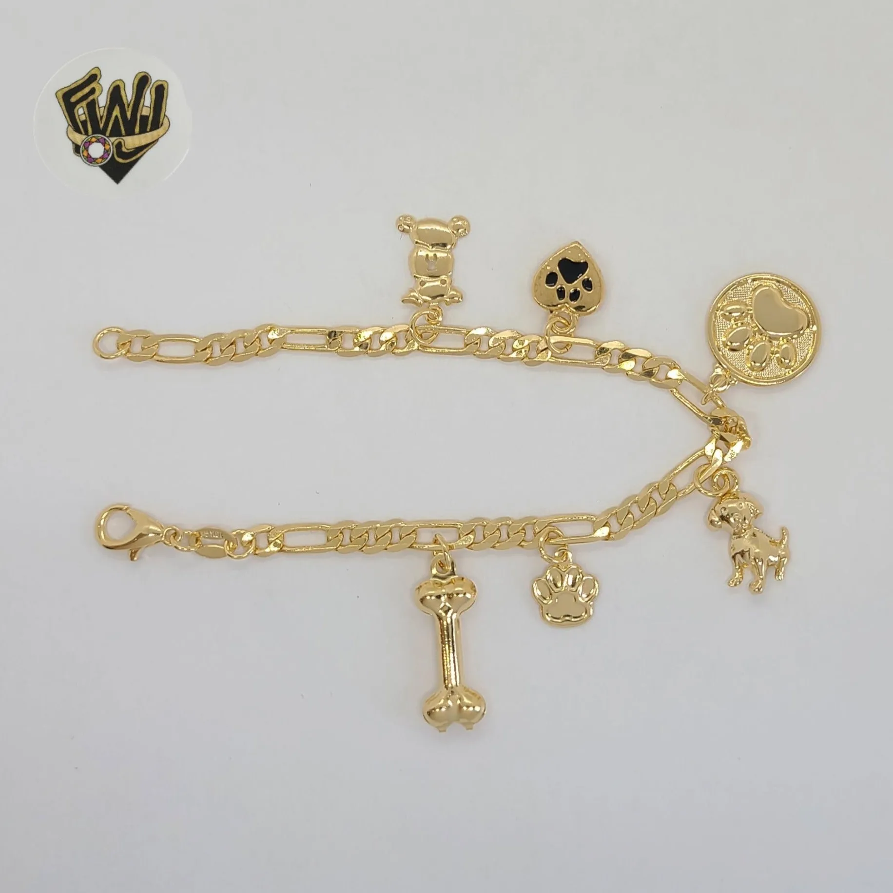 (1-0728) Gold Laminate - 4mm Figaro Link Charms Bracelet - 7 - BGF