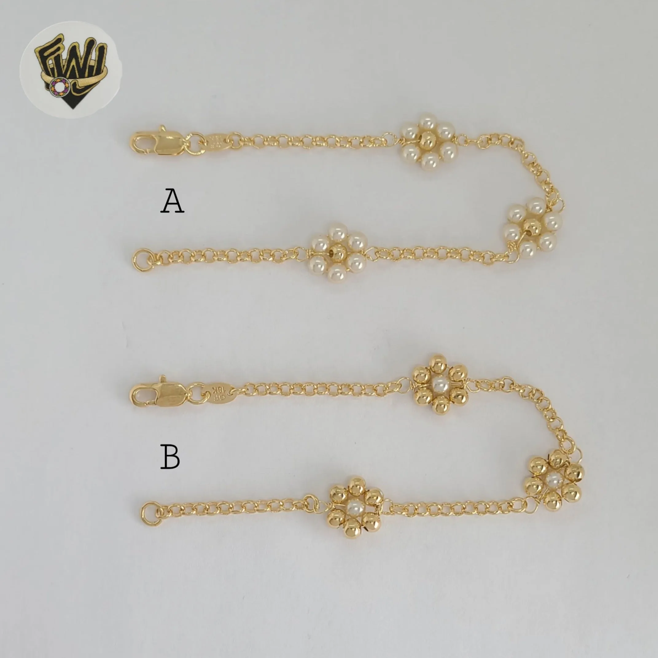 (1-0766) Gold Laminate - 3mm Link Flower Pearl Bracelet - BGF