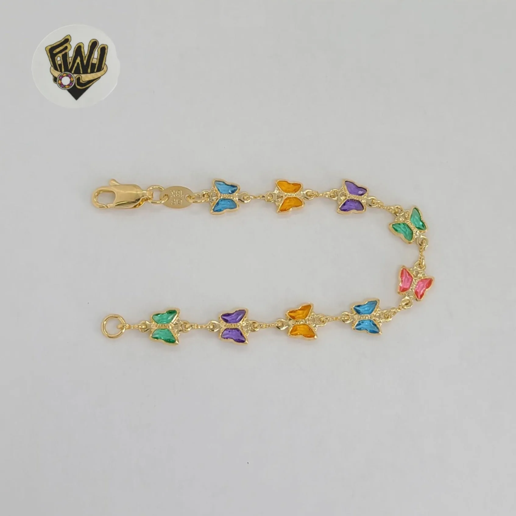 (1-0989) Gold Laminate - 7mm Multicolor Butterfly Link Kids Bracelet - BGF