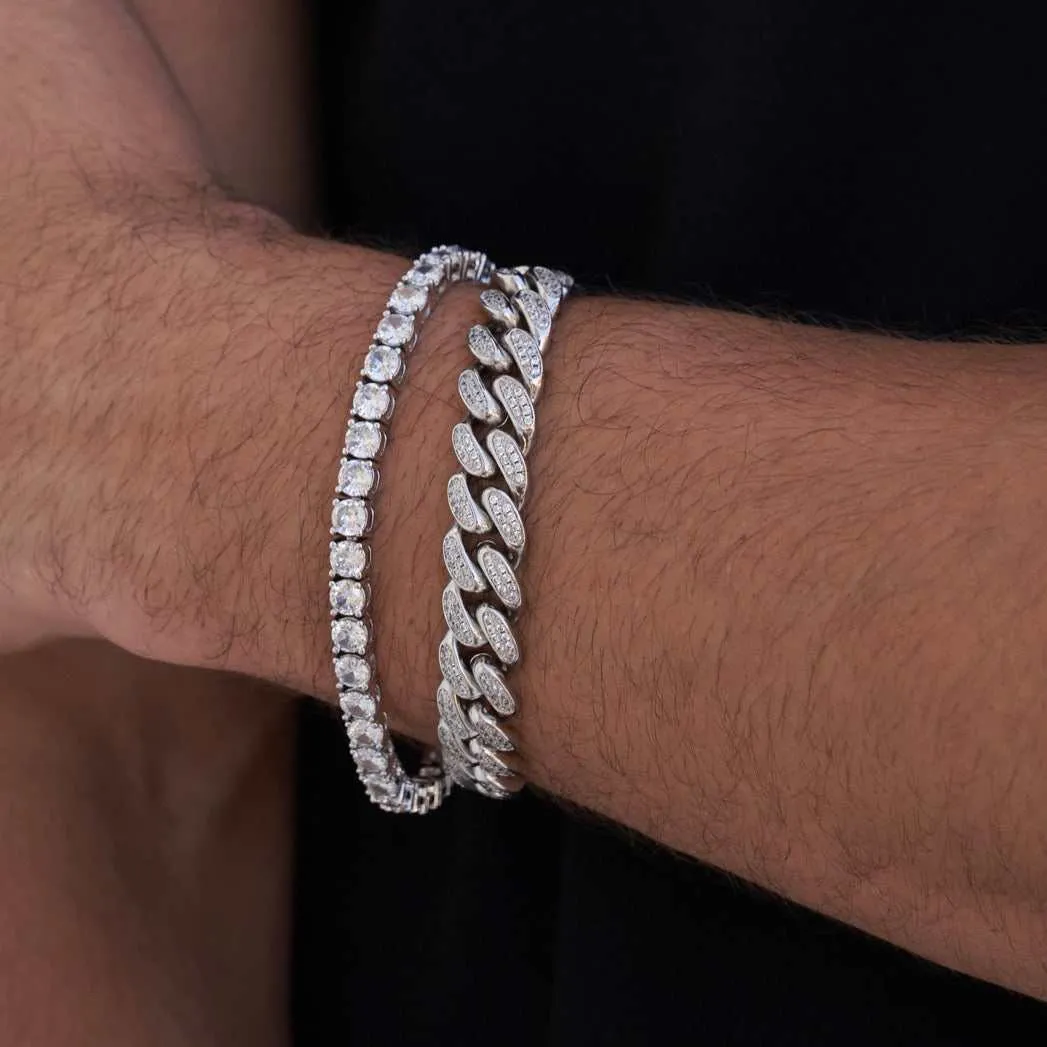 12mm Diamond Cuban   5mm Tennis Bracelets Bundle - White Gold