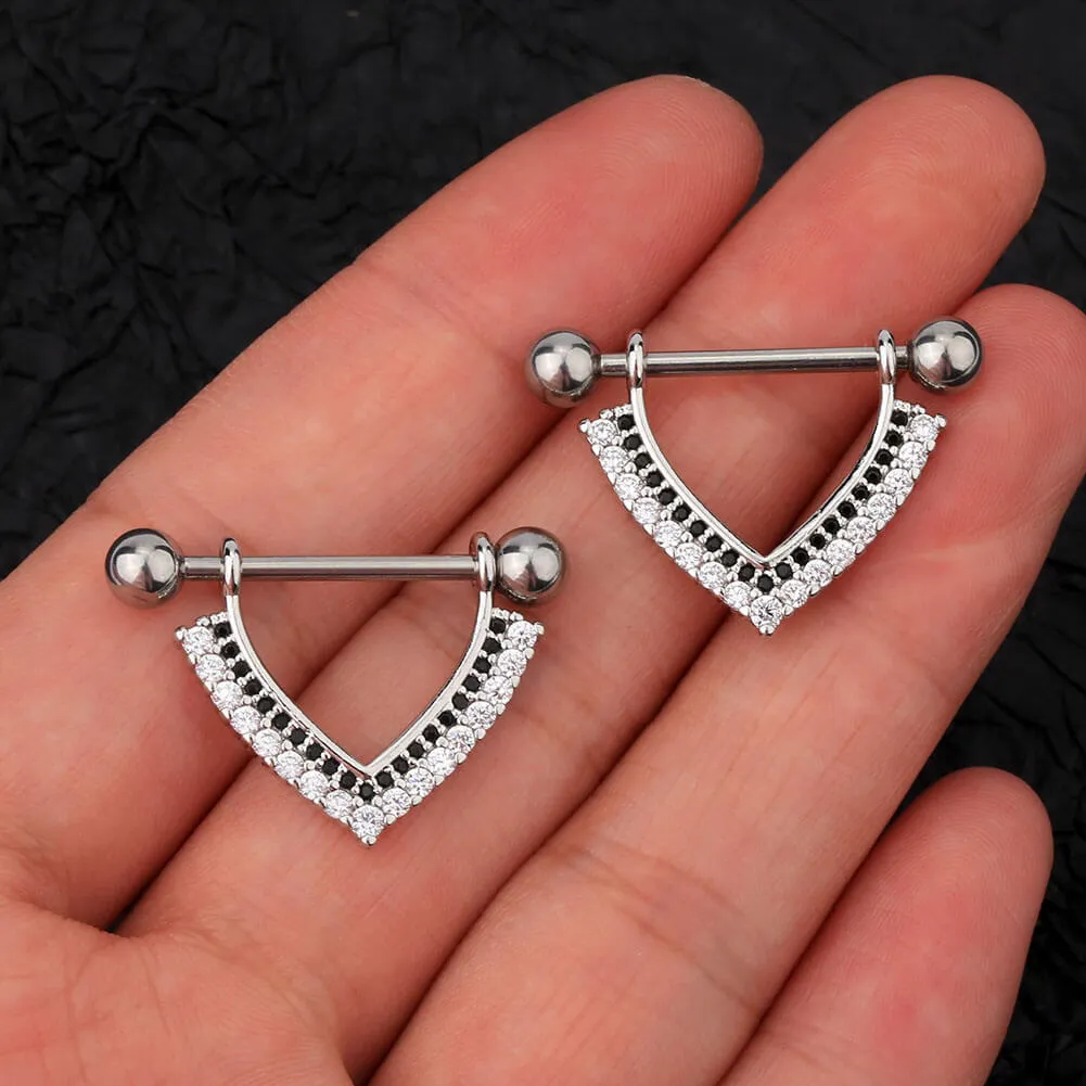 14G Double Layer CZ Black Dangle Nipple Rings