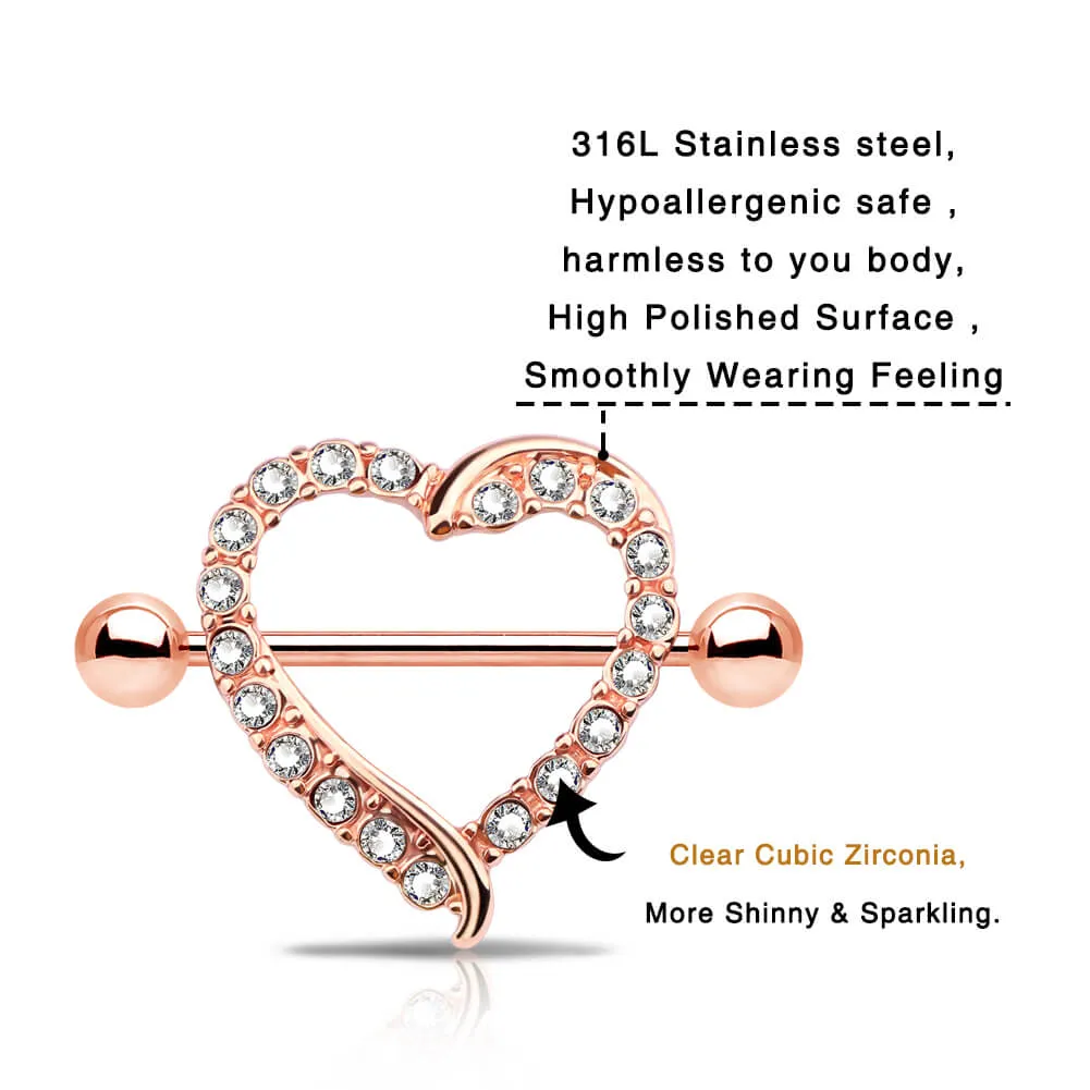 14G Luxury Heart CZ Nipple Shields Shields Set Rose Gold Nipple Rings