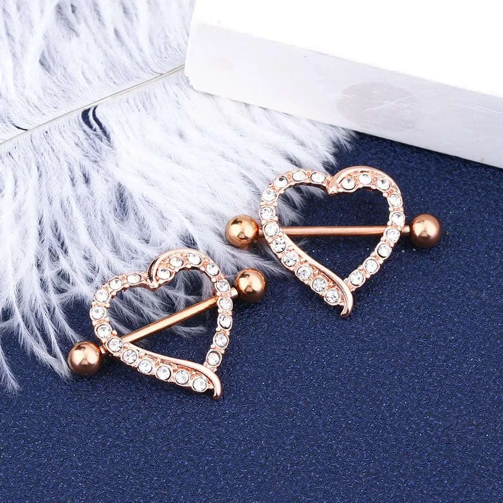 14G Luxury Heart CZ Nipple Shields Shields Set Rose Gold Nipple Rings