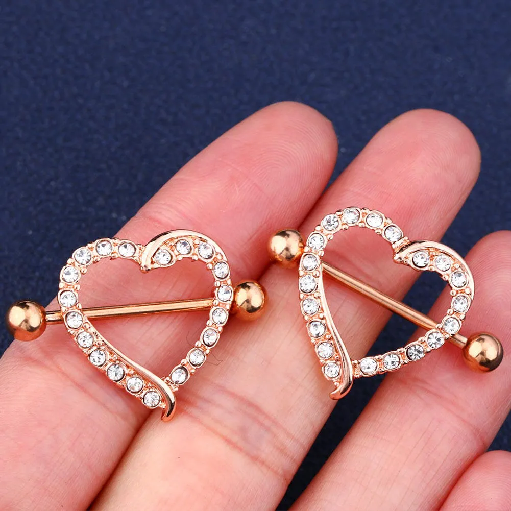 14G Luxury Heart CZ Nipple Shields Shields Set Rose Gold Nipple Rings