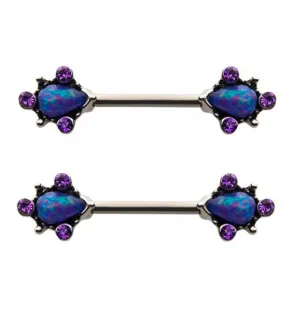 14G Purple Opalite & CZ Filigree Nipple Rings Barbell