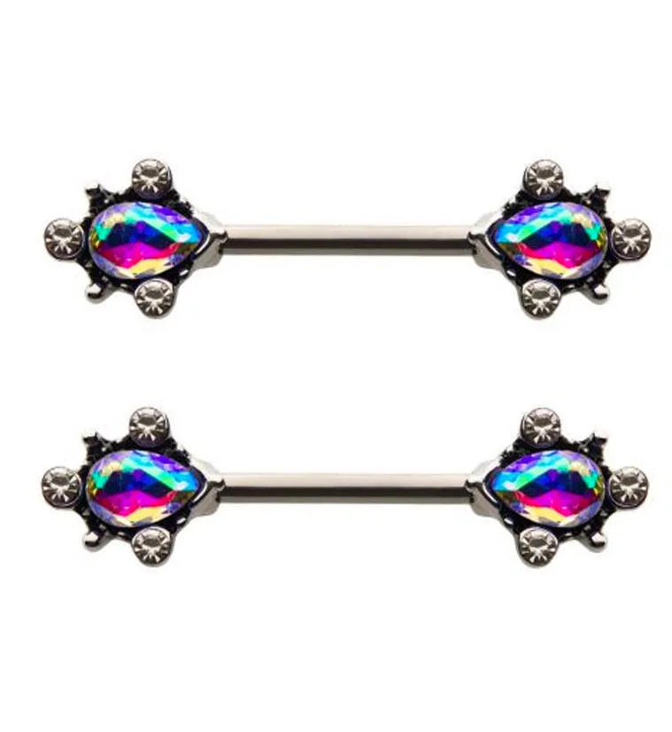 14G Rainbow Aurora CZ Filigree Nipple Rings Barbell