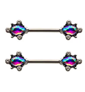 14G Rainbow Aurora CZ Filigree Nipple Rings Barbell