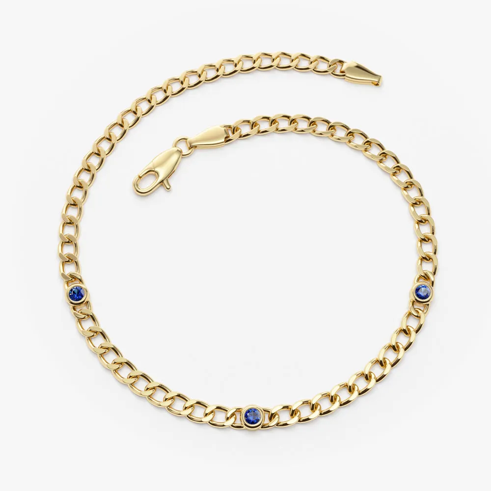 14k Gold Cuban Link Bracelet w/ Bezel Setting Sapphire