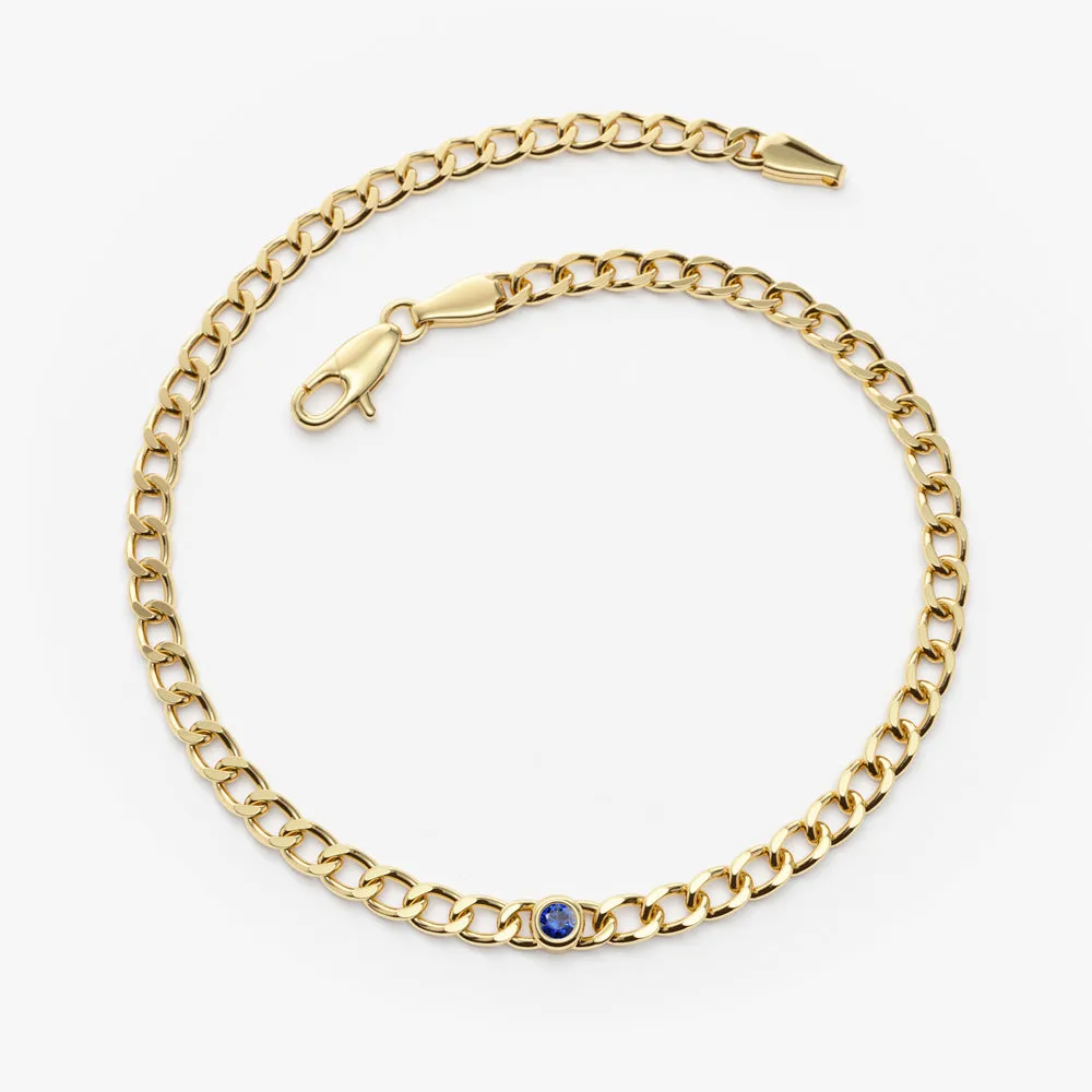 14k Gold Cuban Link Bracelet w/ Bezel Setting Sapphire