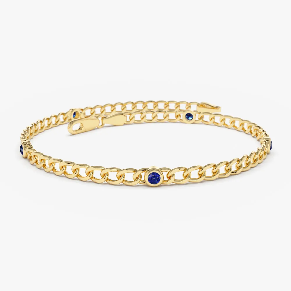 14k Gold Cuban Link Bracelet w/ Bezel Setting Sapphire