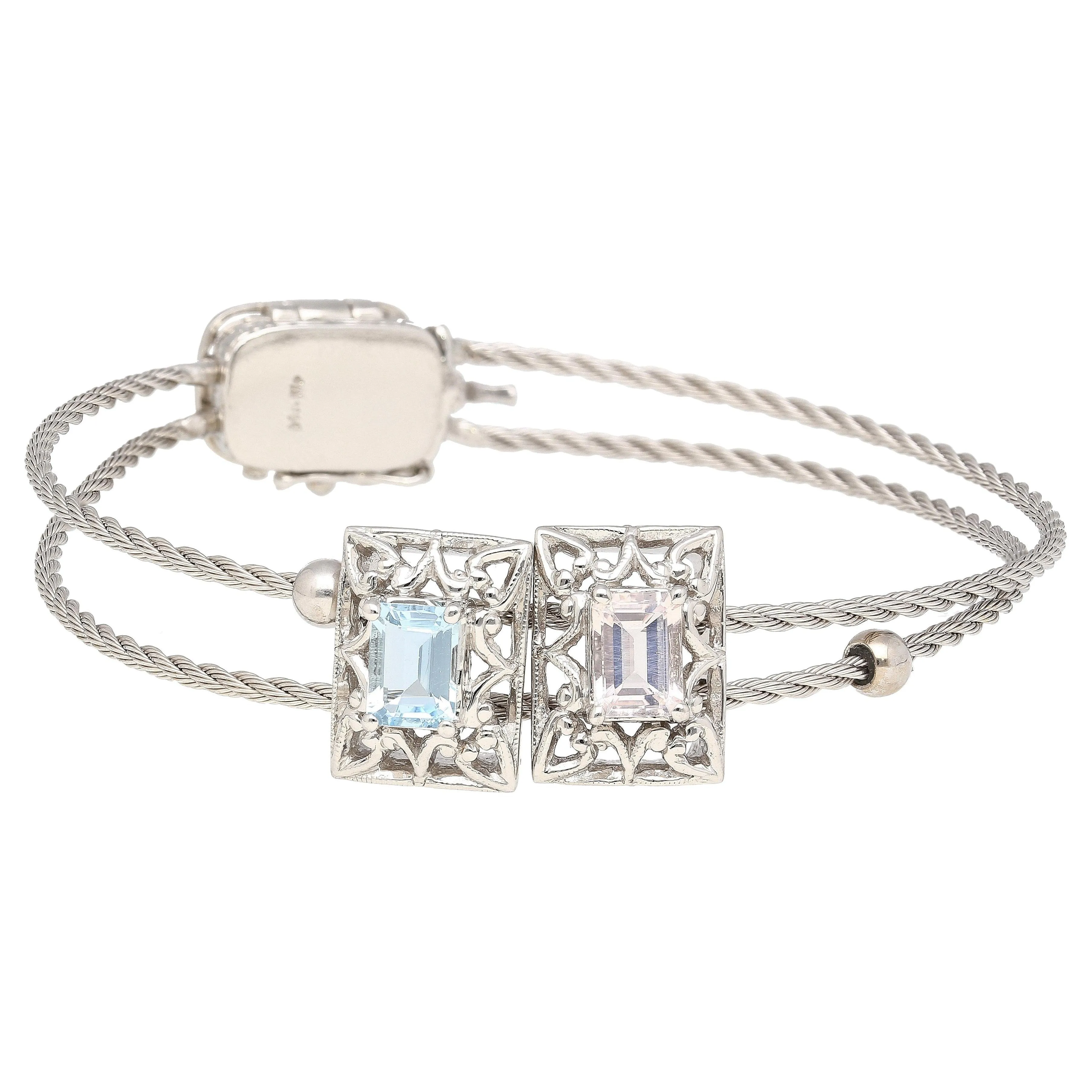 14K Kunzite and Aquamarine Vintage Charm Bangle Bracelet