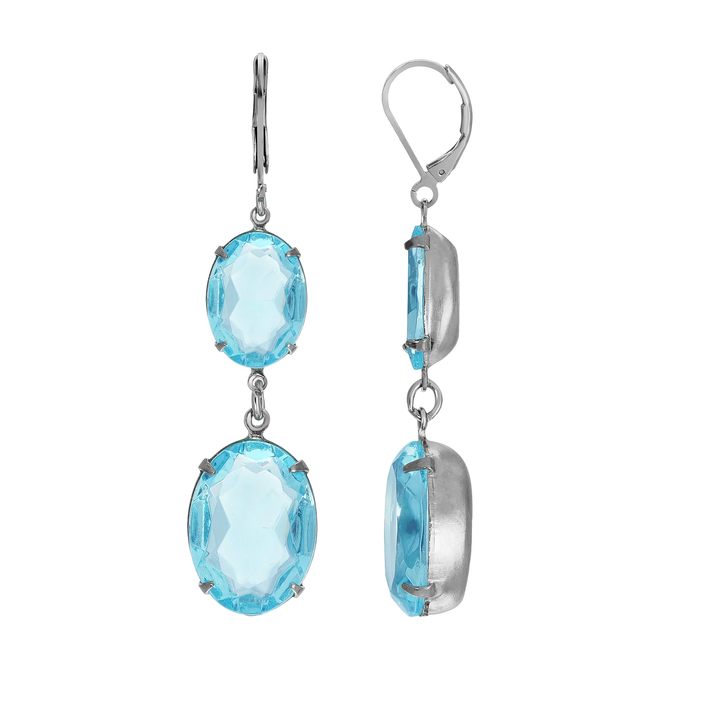 1928 Jewelry Atlantis Aqua Blue Oval Glass Crystal Dangling Earrings