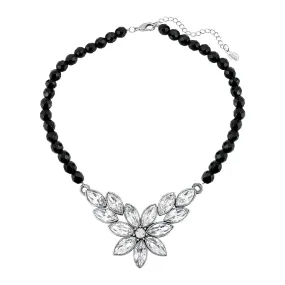 1928 Jewelry Austrian Crystal Flower & Black Glass Beaded Necklace 15 - 18" Adjustable