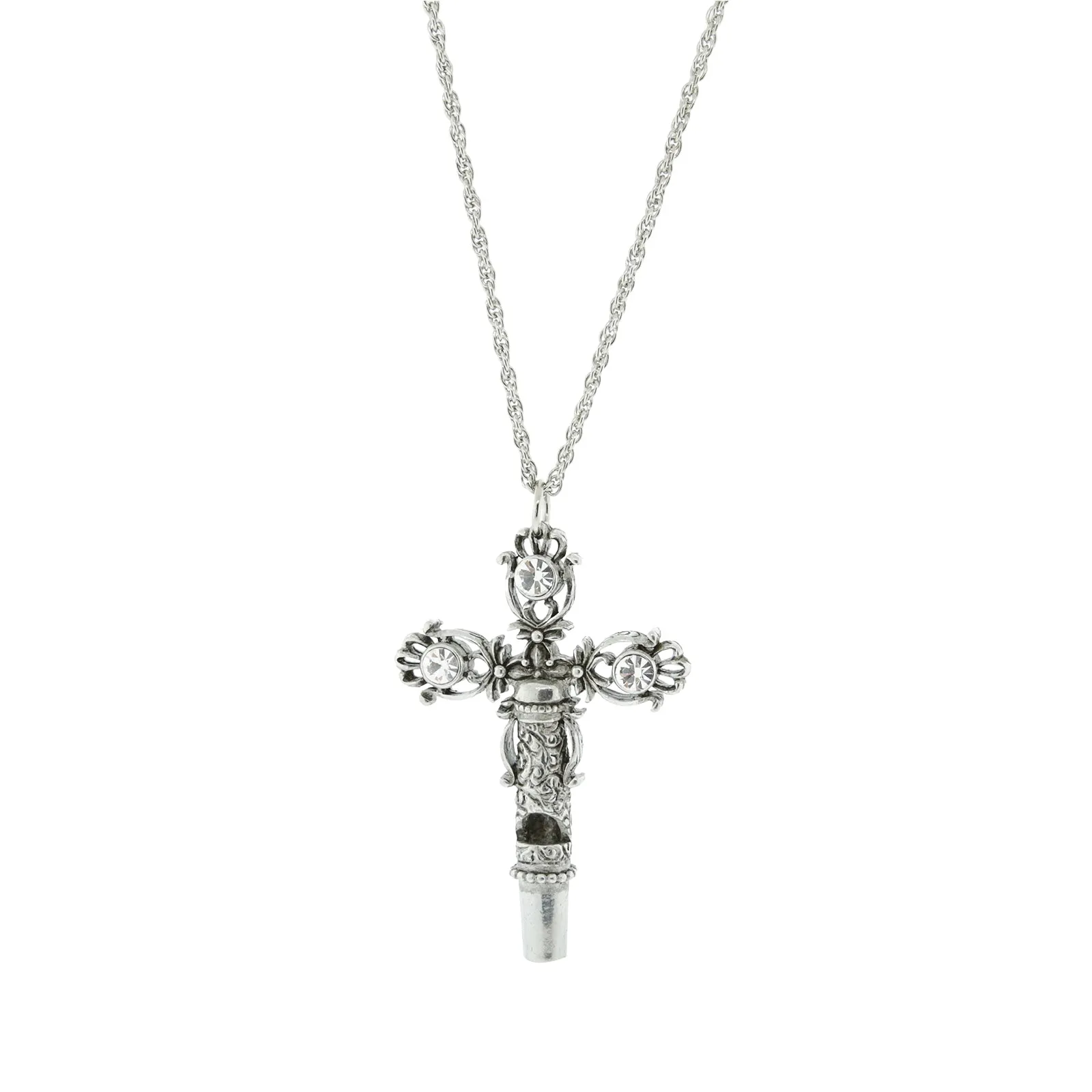 1928 Jewelry Crystal Filigree Cross Whistle Pendant Necklace 30"