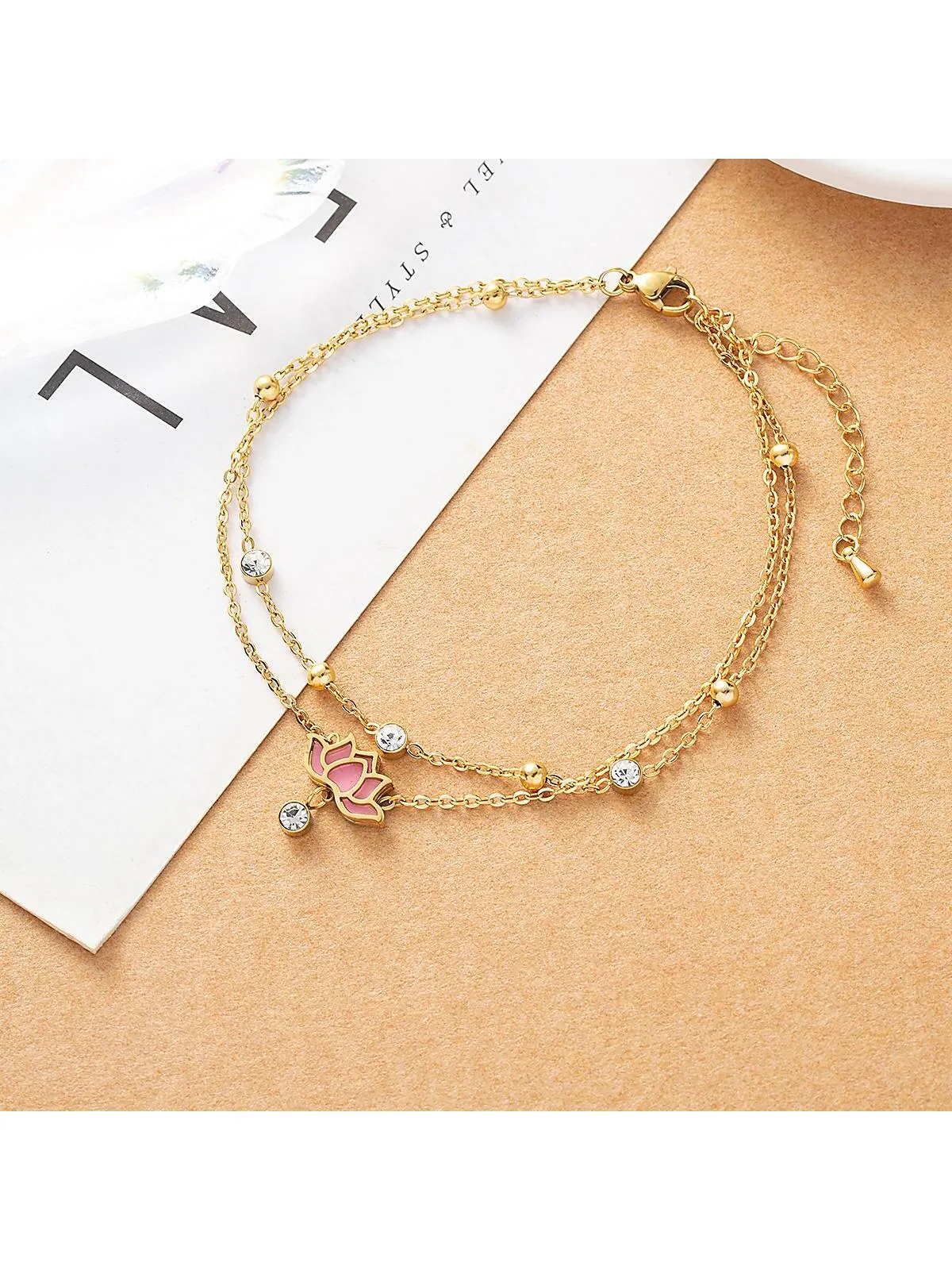 1pc Fashion Stainless Steel Cubic Zirconia & Lotus Decor Layered Anklet For Women For Daily Decoration