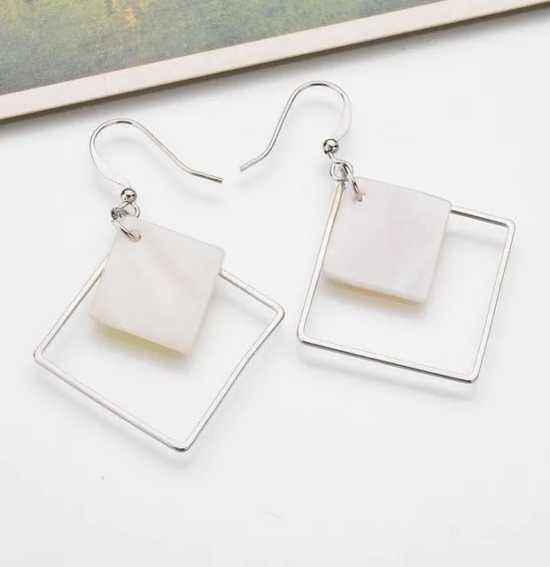 2017 New Minimalist Brief Cool Style Silver Plated Alloy Square White Shell Dangle Fashion Earrings For Women Jewelry Brincos