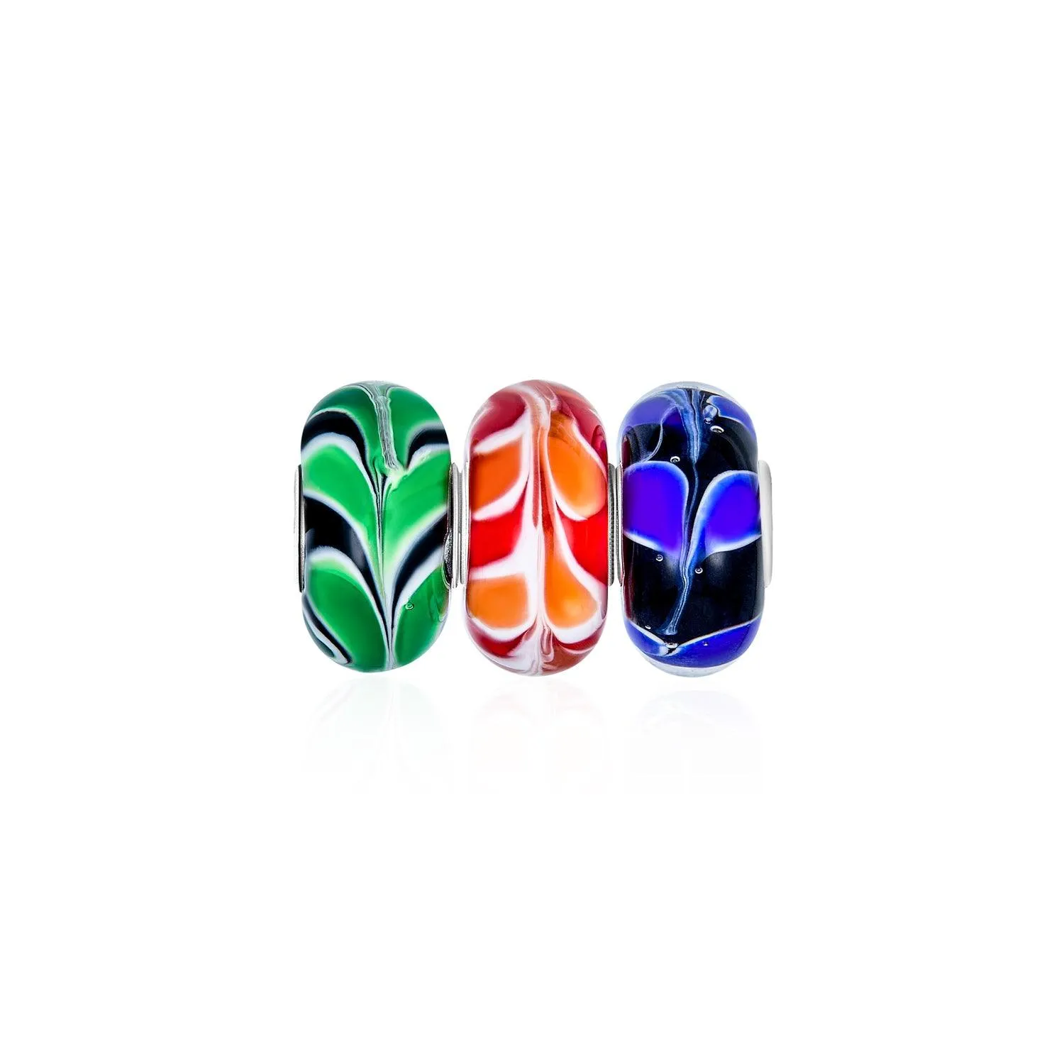 3 Set Bundle Multi Color Murano Glass Swirl Leaf Charm Bead .925 Silver