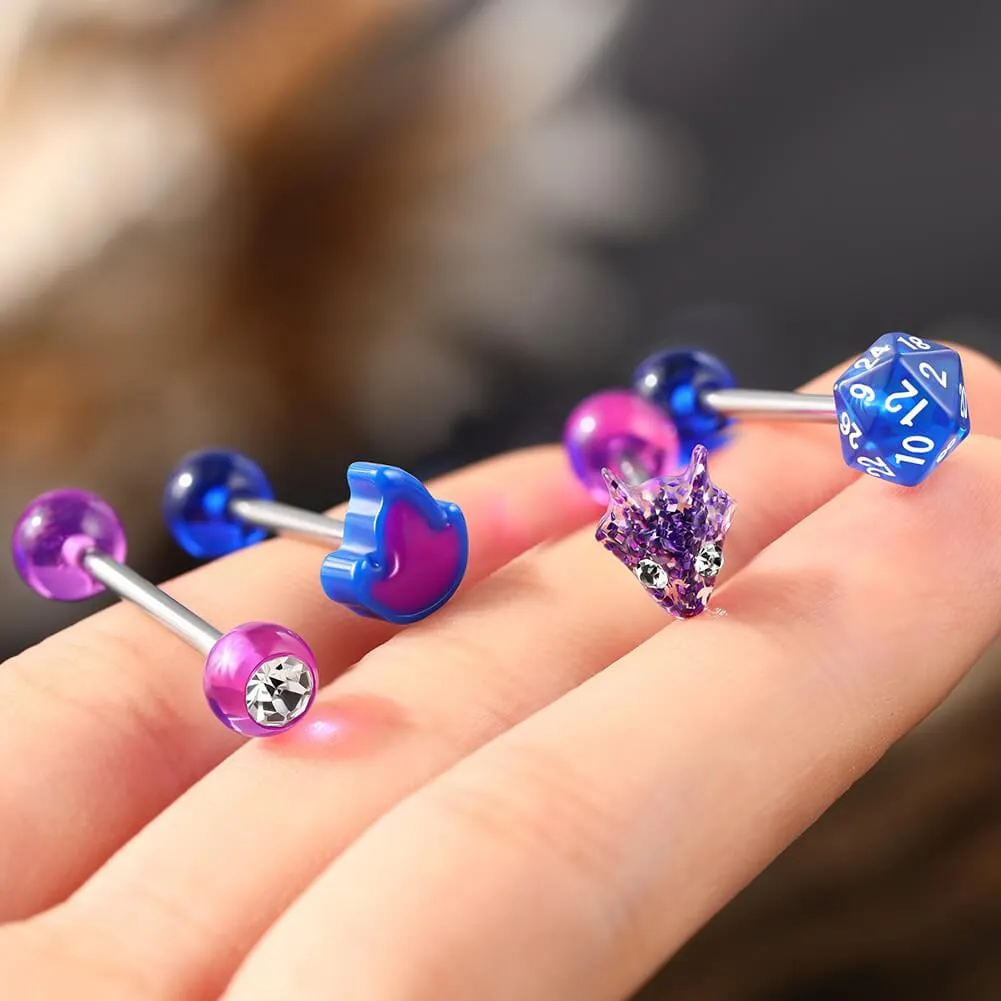 4PCS 14G Game Themed Tongue Barbell Rings Set