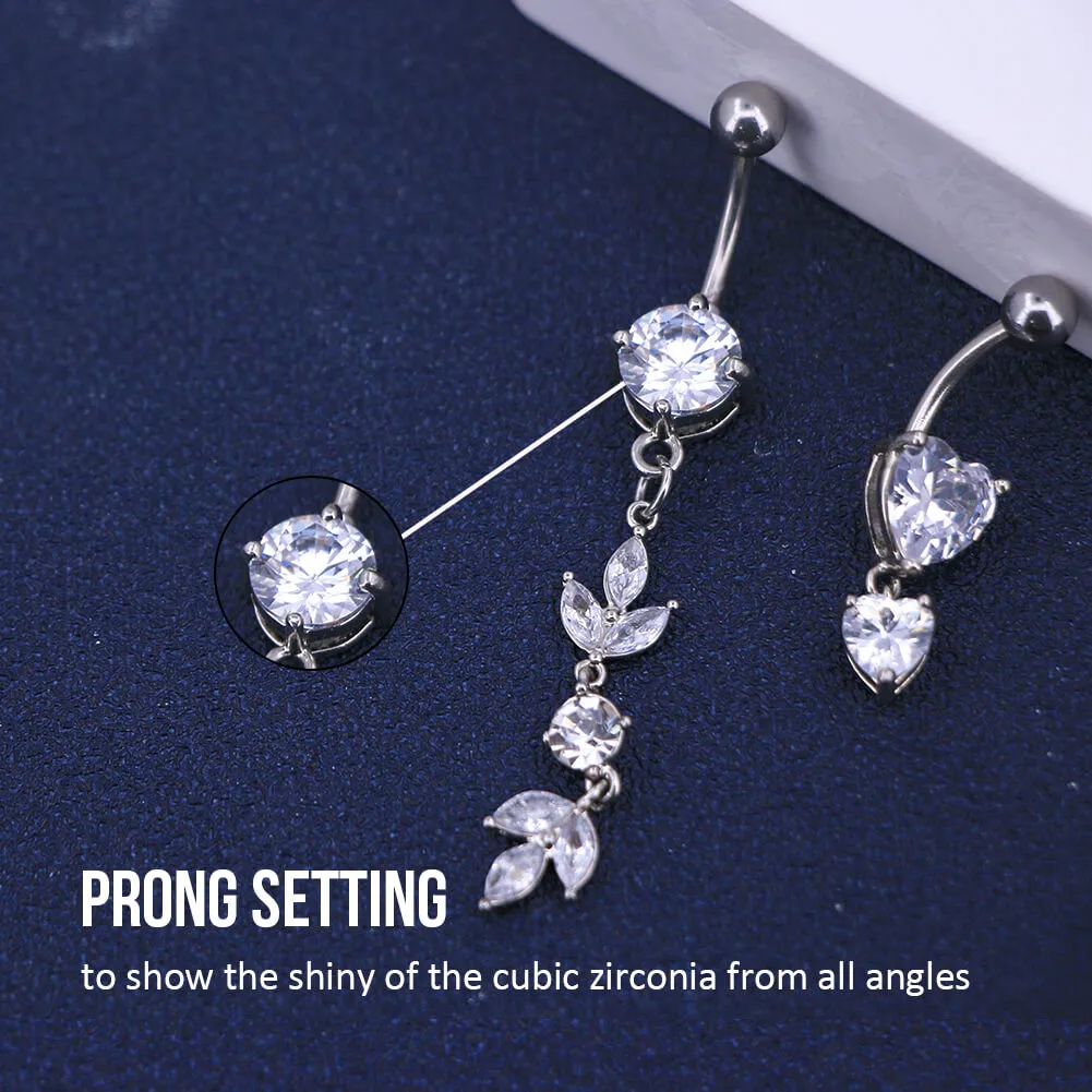 5Pcs 14G Crystal CZ Dangle  Belly Rings Pack