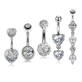 5Pcs 14G Crystal CZ Dangle  Belly Rings Pack