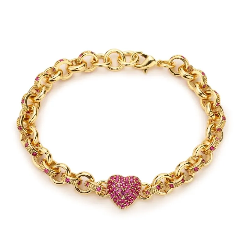 8mm Gold Filled Red Heart Charm Belcher Bracelet 7.5 Inch