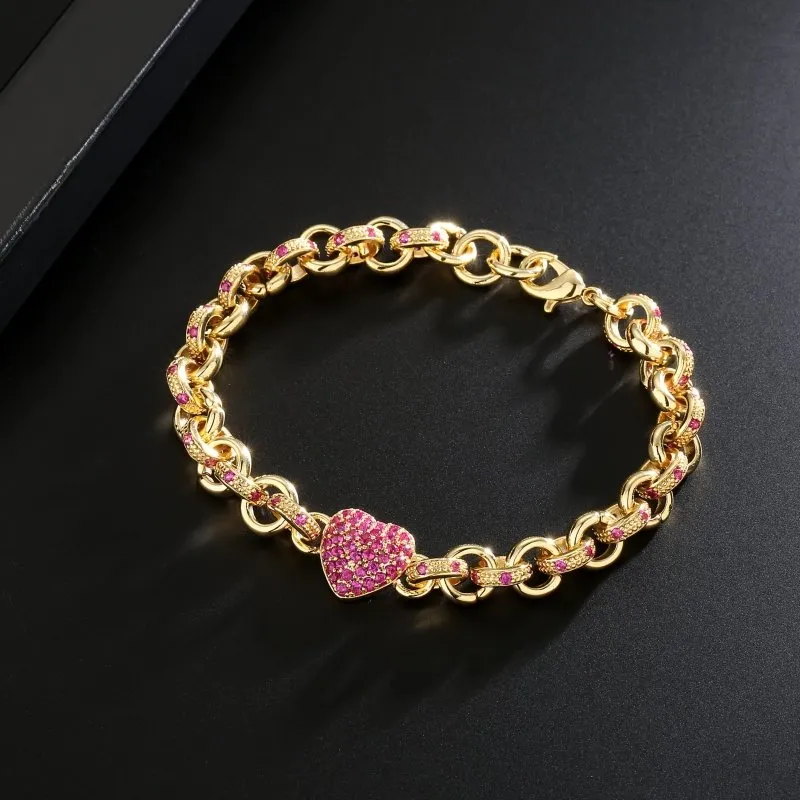 8mm Gold Filled Red Heart Charm Belcher Bracelet 7.5 Inch