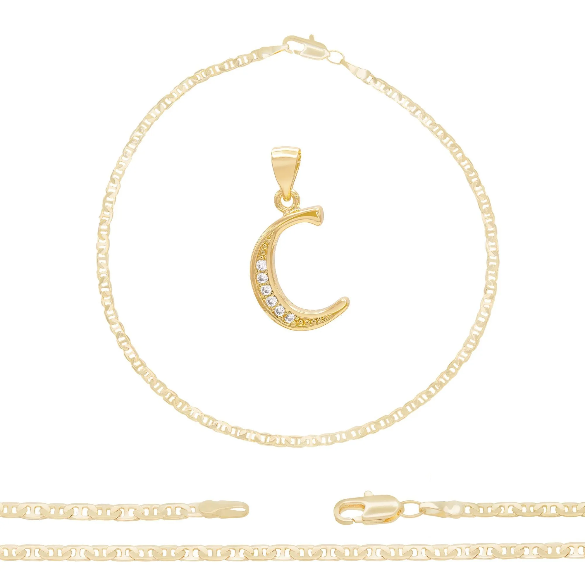 A-Z Initial Letter Pendant 14K Gold Filled Cubic Zirconia Mariner Chain Anklet 10" Set CZ Charm Foot Bracelet 3 mm Female Women Girl