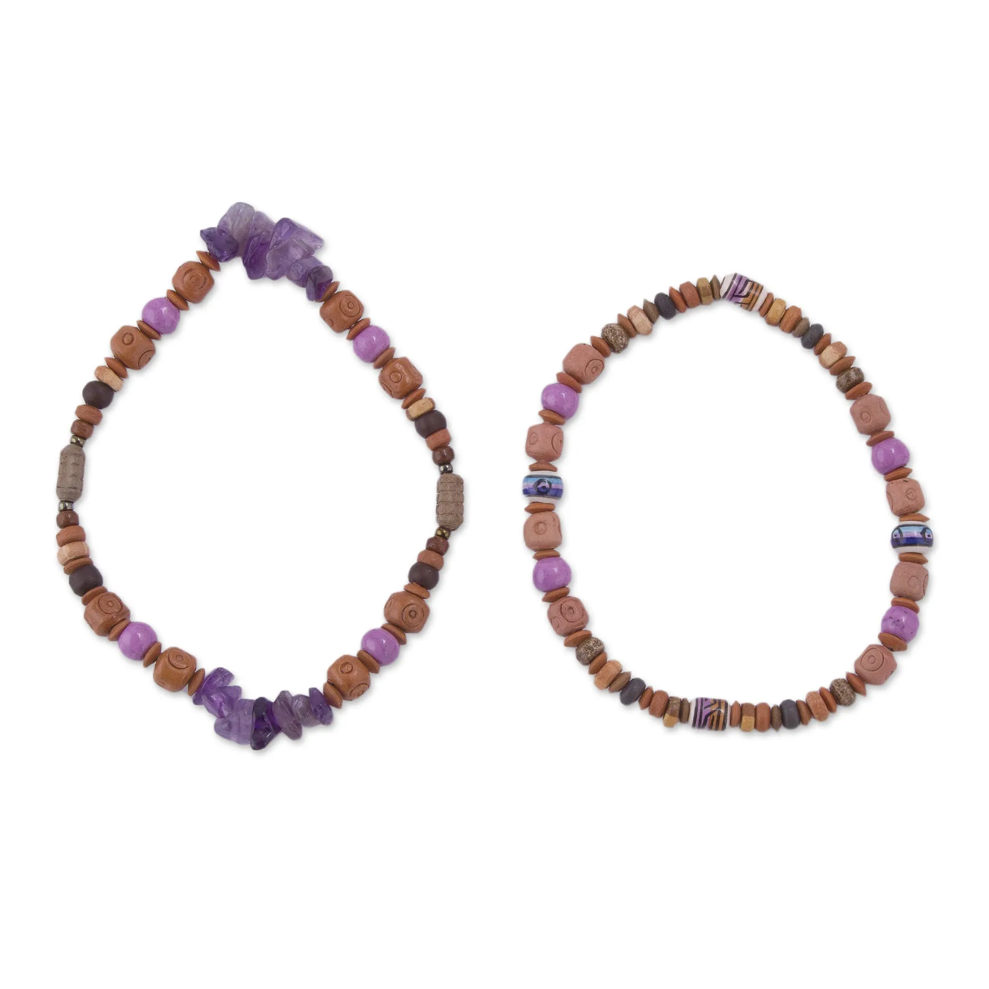 Andean Joy Two Amethyst and Ceramic Beaded Stretch Bracelets from Peru