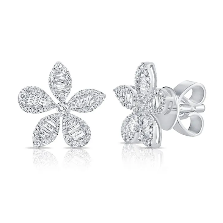 Baguette   Pave Diamond Flower Studs