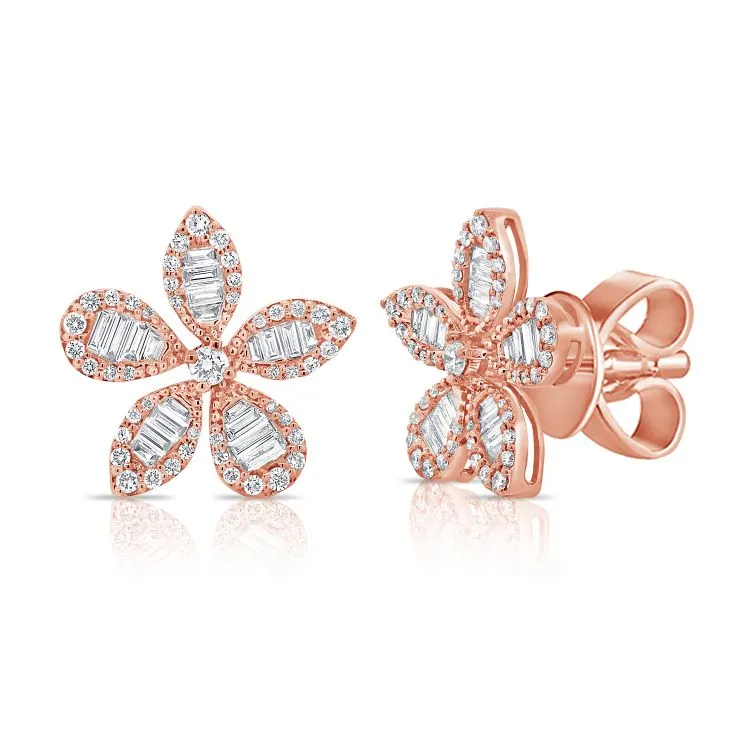 Baguette   Pave Diamond Flower Studs