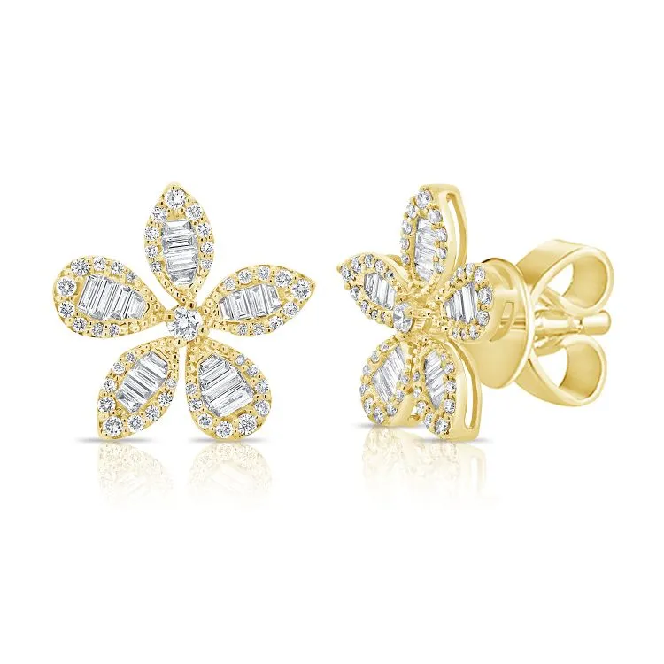 Baguette   Pave Diamond Flower Studs