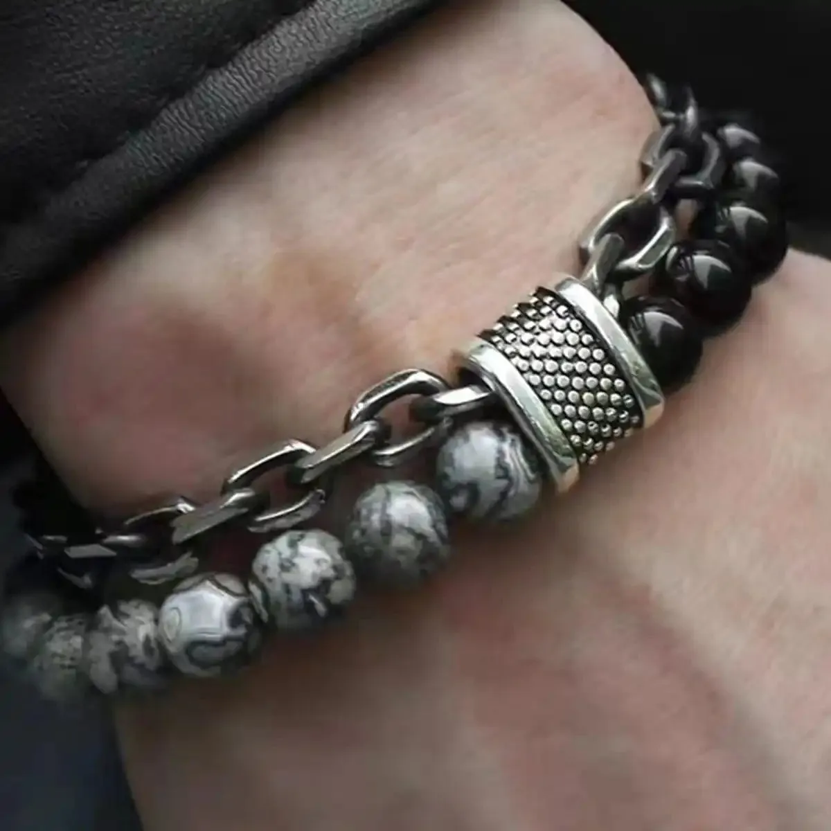 black beads with natural stone bracelets for men