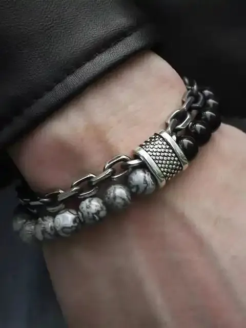 black beads with natural stone bracelets for men