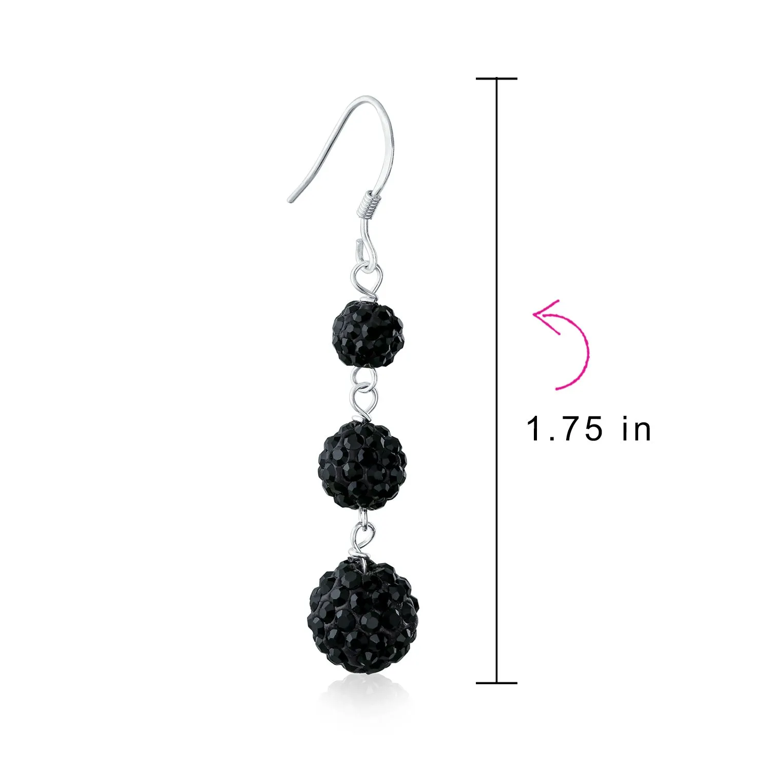 Black Red White Crystal Pave Round Disco Ball Linear Dangle Earrings .925 Silver