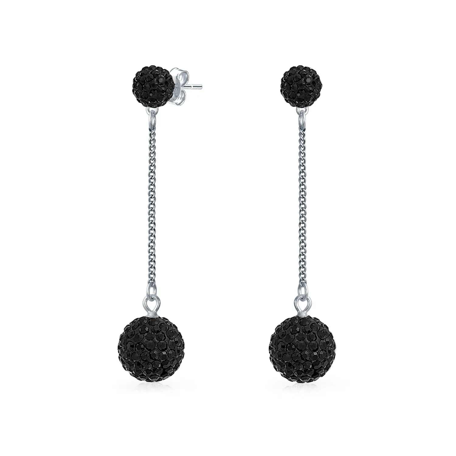 Black Red White Crystal Pave Round Disco Ball Linear Dangle Earrings .925 Silver