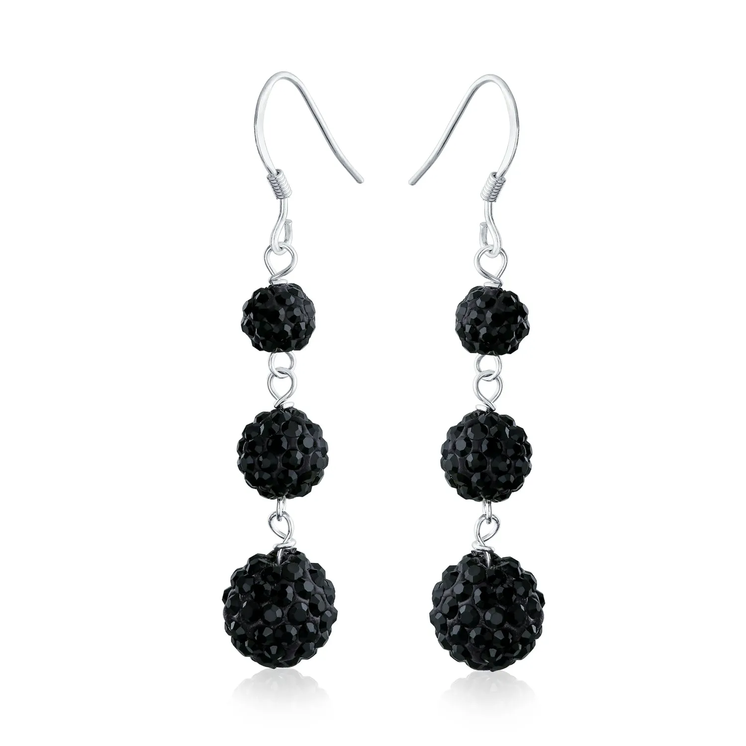 Black Red White Crystal Pave Round Disco Ball Linear Dangle Earrings .925 Silver