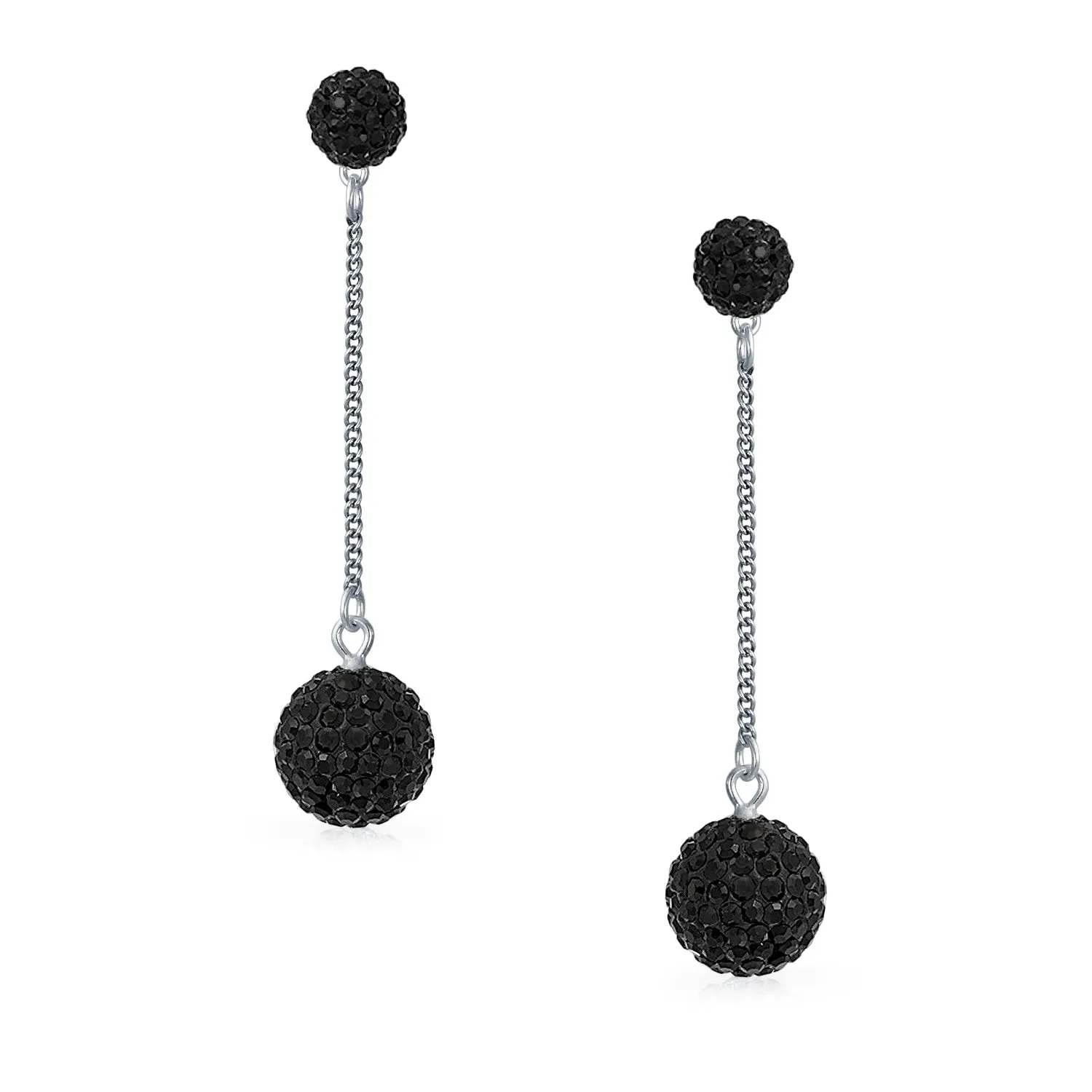 Black Red White Crystal Pave Round Disco Ball Linear Dangle Earrings .925 Silver