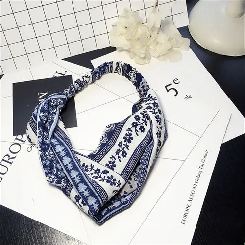 Bohemian Style Elastic Headbands Boho Cross Floral Turban Girls Flower Hairbands Striped Headwrap Hair Accessories For Women