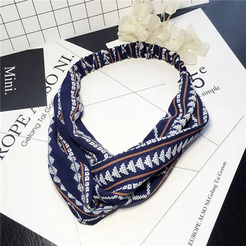 Bohemian Style Elastic Headbands Boho Cross Floral Turban Girls Flower Hairbands Striped Headwrap Hair Accessories For Women