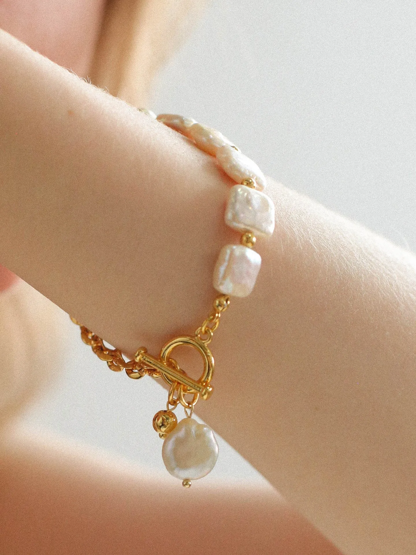 Chain Stitching Square Baroque Pearl Y Shaped Bracelet