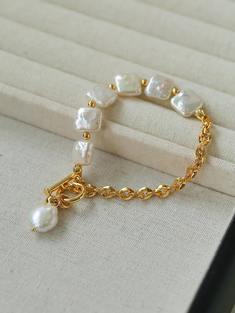 Chain Stitching Square Baroque Pearl Y Shaped Bracelet