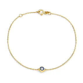 Delicate Yellow Real 14K Gold Blue Evil Eye Charm Bracelet 6.5-7"