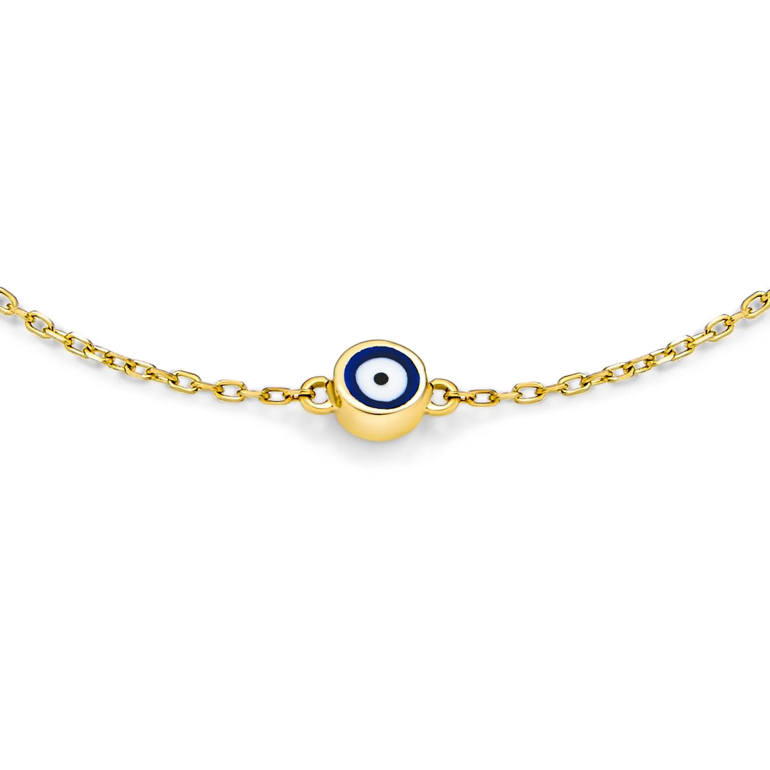 Delicate Yellow Real 14K Gold Blue Evil Eye Charm Bracelet 6.5-7"