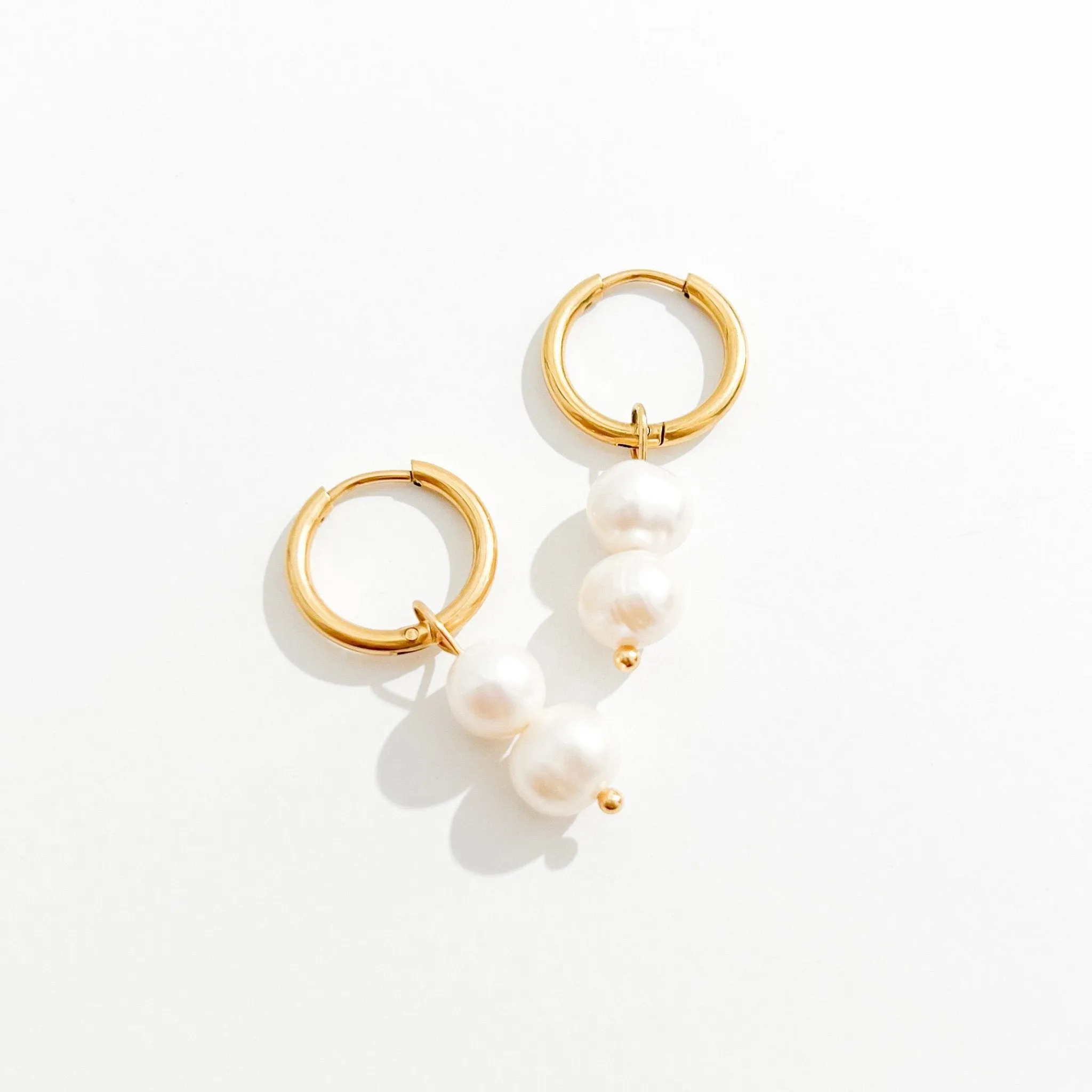 Double Pearl Gold Hoops