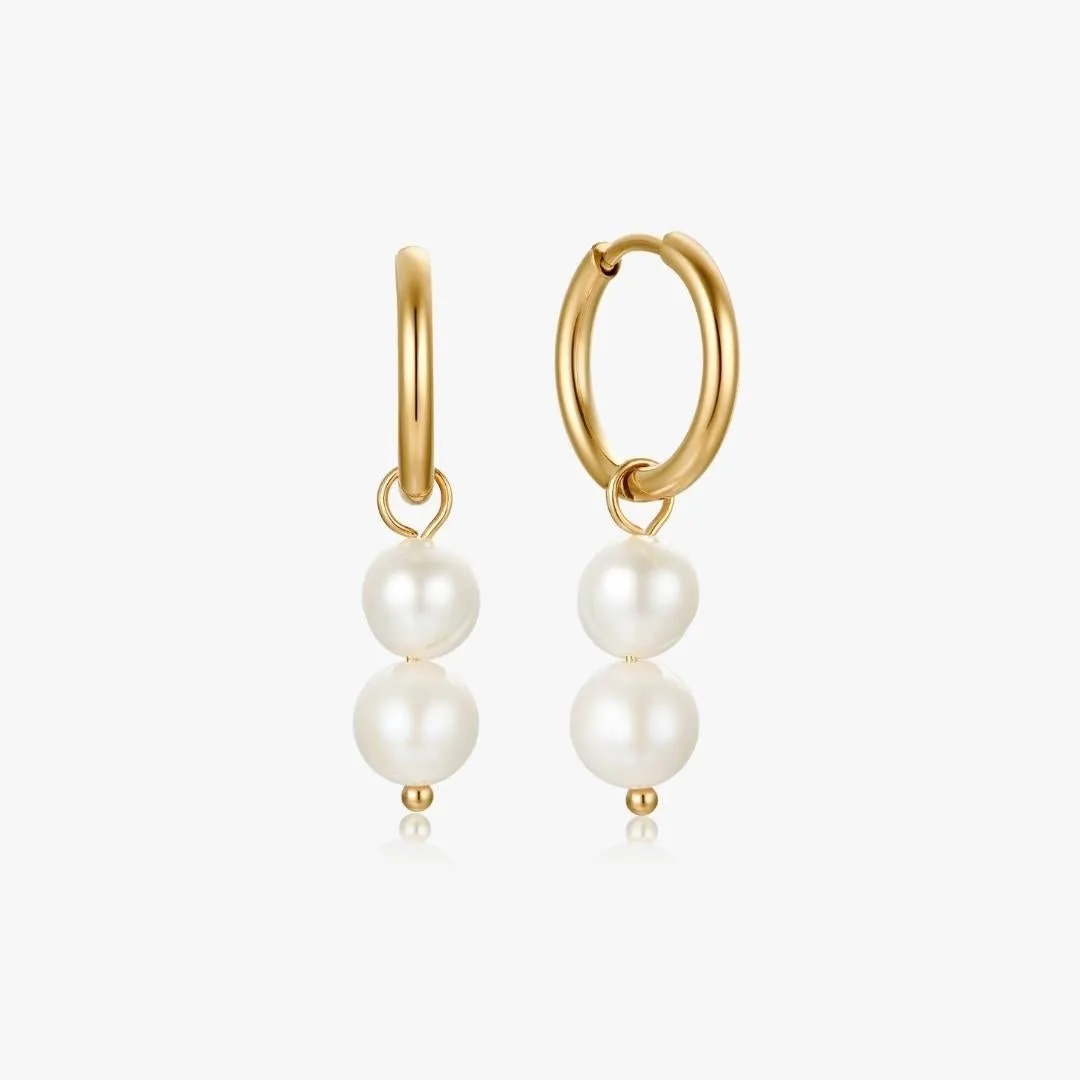 Double Pearl Gold Hoops