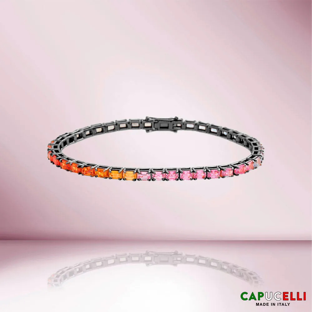 Emerald Cut Multicolor Sapphire Tennis Bracelet (12.00 ct.) 4-Prongs Setting in 18K Gold, Made In Italy